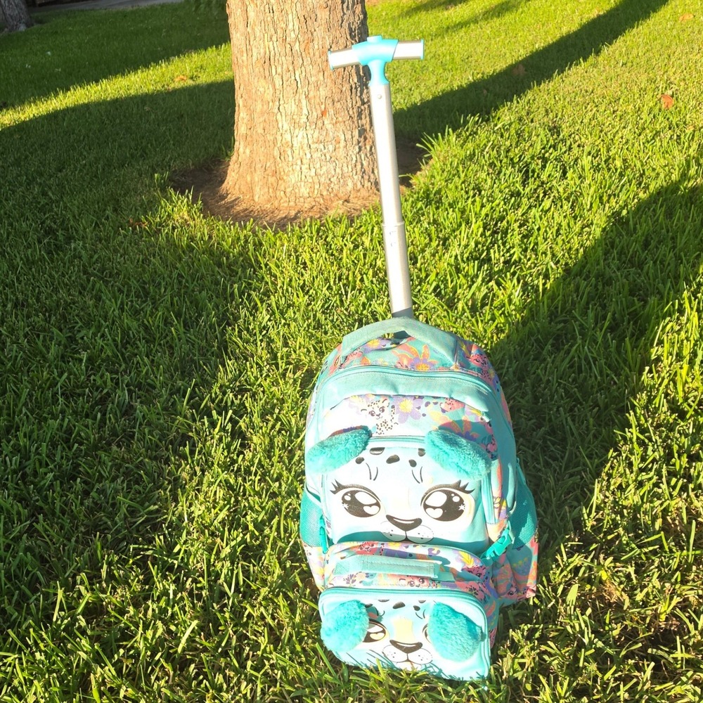 Kids Rolling Backpack and Lunch Box Set Turquoise Leopard Floral 3D Ears